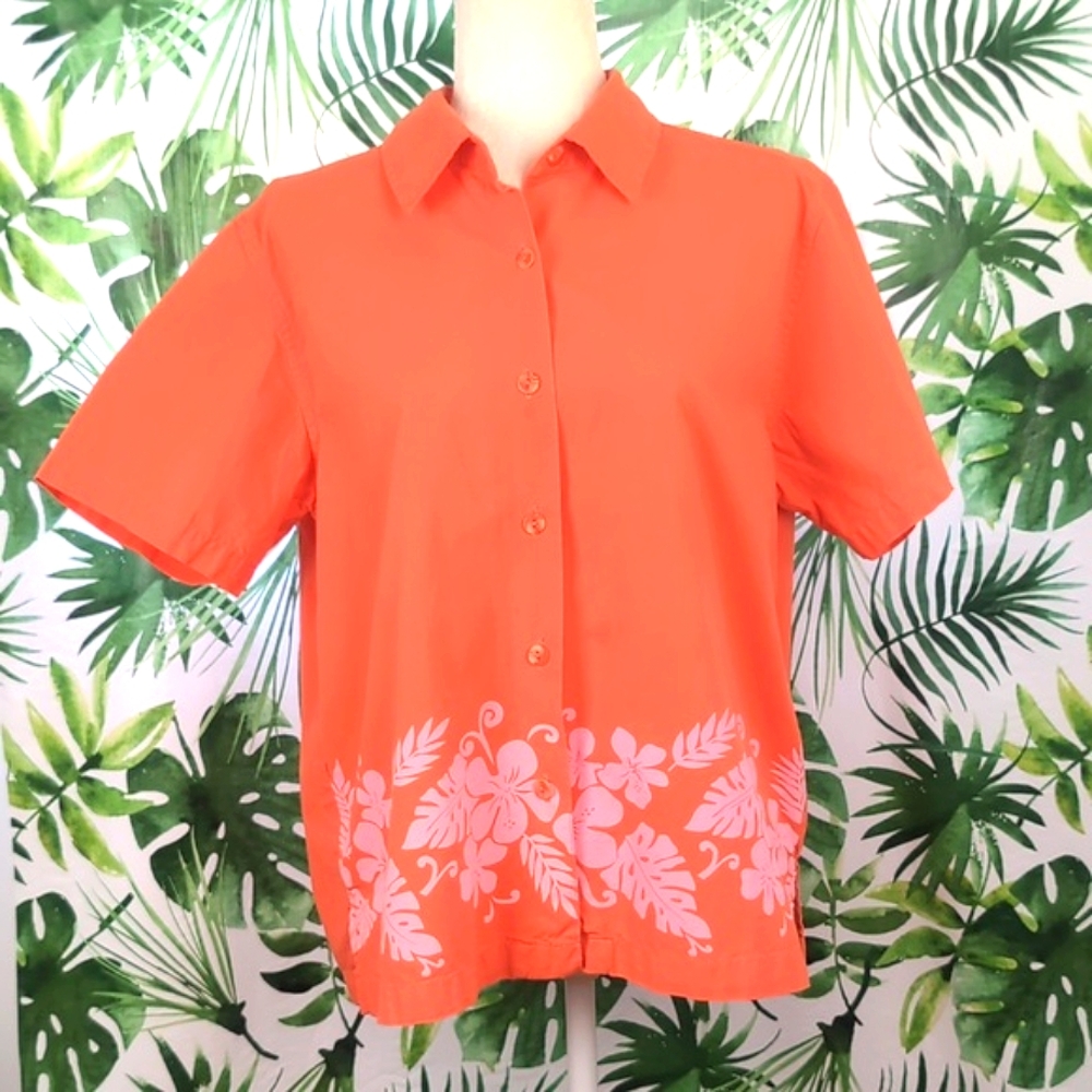 Erika & Co Floral Tropical Orange Buttoned Top (Size: Large)